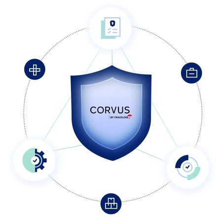 A shield with the Corvus by Travelers logo surrounded by cyber insurance icons